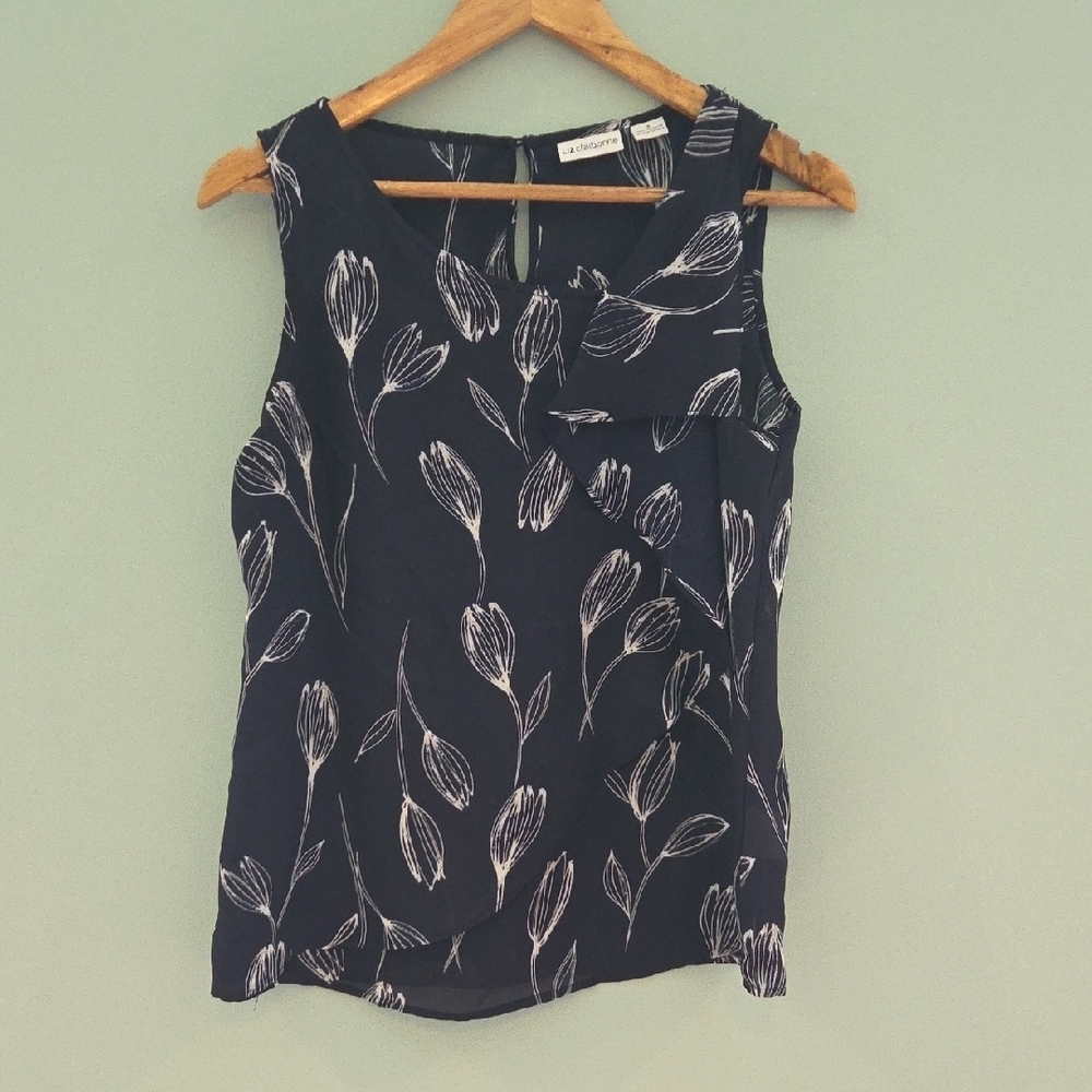 Liz Claiborne Navy Blue Sleeveless Blouse with White Floral Print